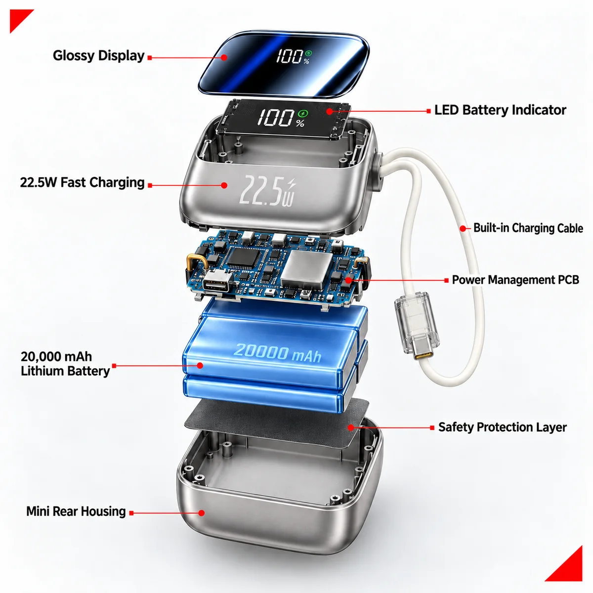 Mini Power Bank · 20,000 mAh · 22.5W exploded component view