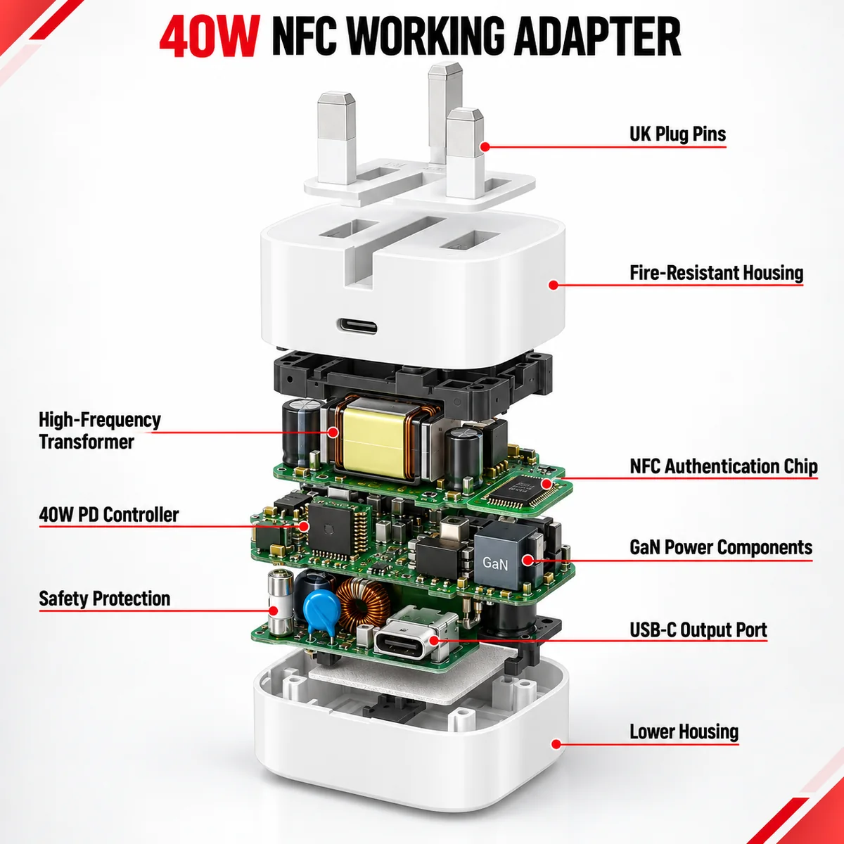 40W NFC Working Adapter exploded component view
