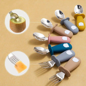 New Design Baby Feeding Solid Food Spoon Fork Set BPA Free Silicone Handle Cartoon Bear Stainless Utensil Children's Tableware - SPINGHAR