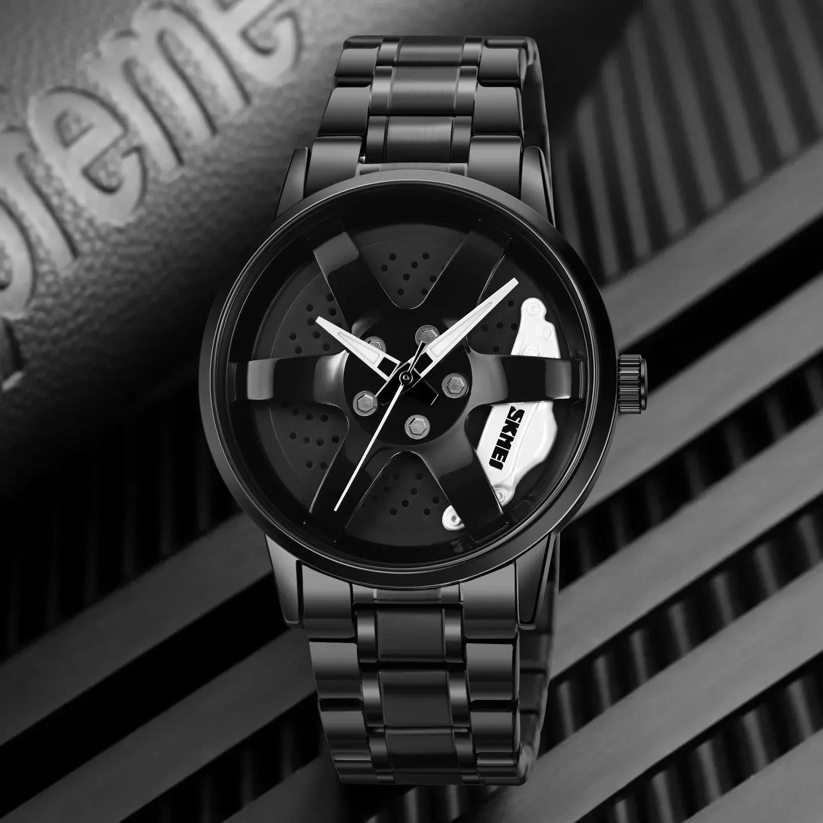 Wheel Hub Dial Design Fashion Quartz Watch SKMEI New Casual Analog Stainless Steel Band Men Wristwatch Relogio Masculino - SPINGHAR