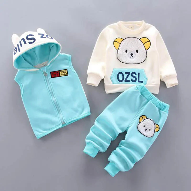 Baby Boys And Girls Clothing Set Tricken Fleece Children Hooded Outerwear Tops Pants 3PCS Outfits Kids Toddler Warm Costume Suit SPINGHAR