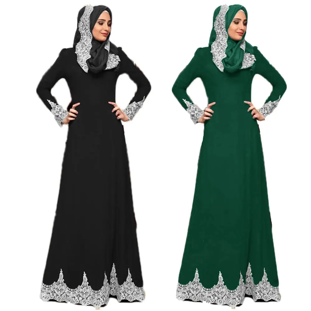 Vintage Muslim Women Lace Long Dress Party Evening Maxi Robe Middle East Pakistan Turkish Long Sleeve Islamic Gown Ramadan New - SPINGHAR