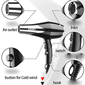 Kemei 3000 Watt Full Size Pro Hair Dryer Professional Salon Blow Dryer with Concentrator Nozzle Attachments 3 Speeds fast Dry - SPINGHAR