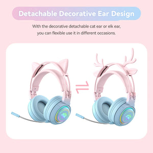 Cute Antlers/Cat Ear Wireless Bluetooth Headphone Gamer Earphone Gaming Headset With RGB Light For Child Kid Cute Girl Gifts SPINGHAR