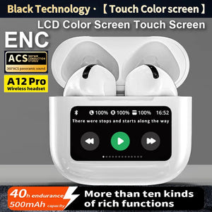 A12 Pro ENC Noise Cancellation Earphone TWS Wireless Earbuds With Touch Control LCD Screen Equalizer Super Bass Premium Sound - SPINGHAR