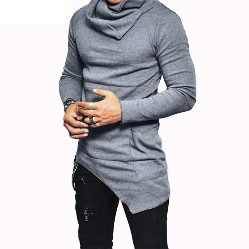 Plus Size 5XL Men's Hoodies Unbalance Hem Pocket Long Sleeve Sweatshirt For Men Clothing Autumn Turtleneck Sweatshirt Top Hoodie SPINGHAR