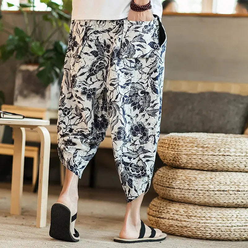 Harajuku Summer Loose Calf-Length Pants for Men | Wide Leg Cotton Linen Baggy Trousers - SPINGHAR