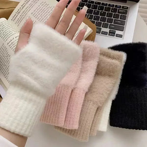 2024 New Mink Fleece Half Finger Gloves for Women's Soft Winter Warmth Luxury Solid Color Plush Knitted Fingerless Gloves SPINGHAR