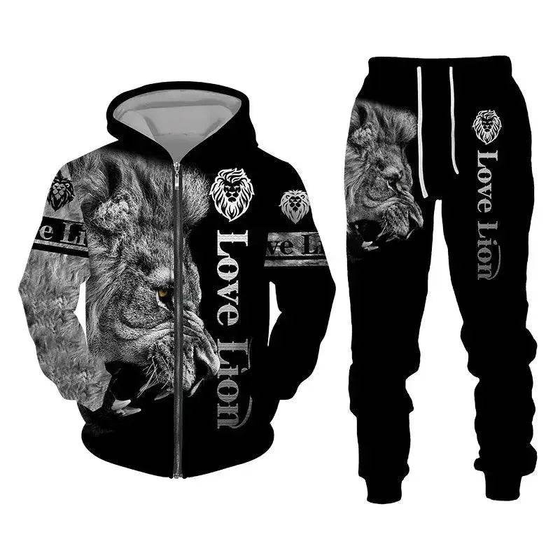 Men's 3D Lion Print Tracksuit Set | Autumn & Winter Zipper Hoodie & Pants - SPINGHAR