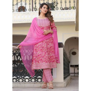 Embroidered Pink Anarkali Kurti with Pant & Dupatta - SPINGHAR