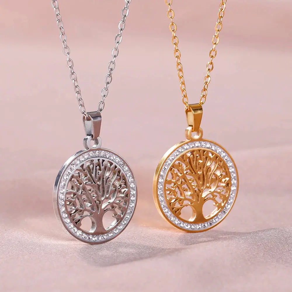 LIKGREAT Tree of Life Stainless Steel Necklace for Women New Fashion Clear Zircon Round Pendant Necklaces Jewelry Wedding Gift - SPINGHAR