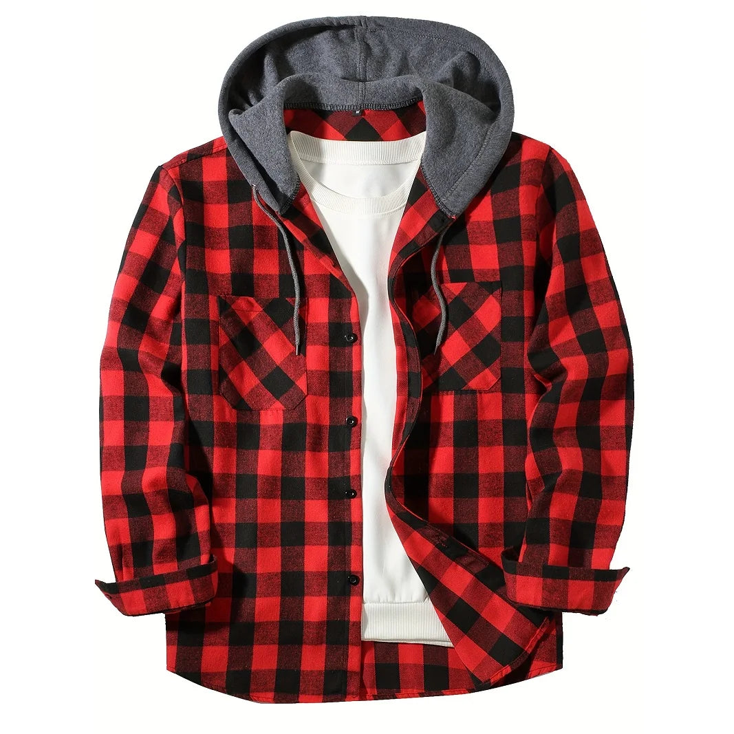 Men's Shirts Classic Plaid Casual Button Down Hooded Long Sleeved Double Pockets Shirt Hoodie Flannel Jacket Spring Autumn Tops SPINGHAR