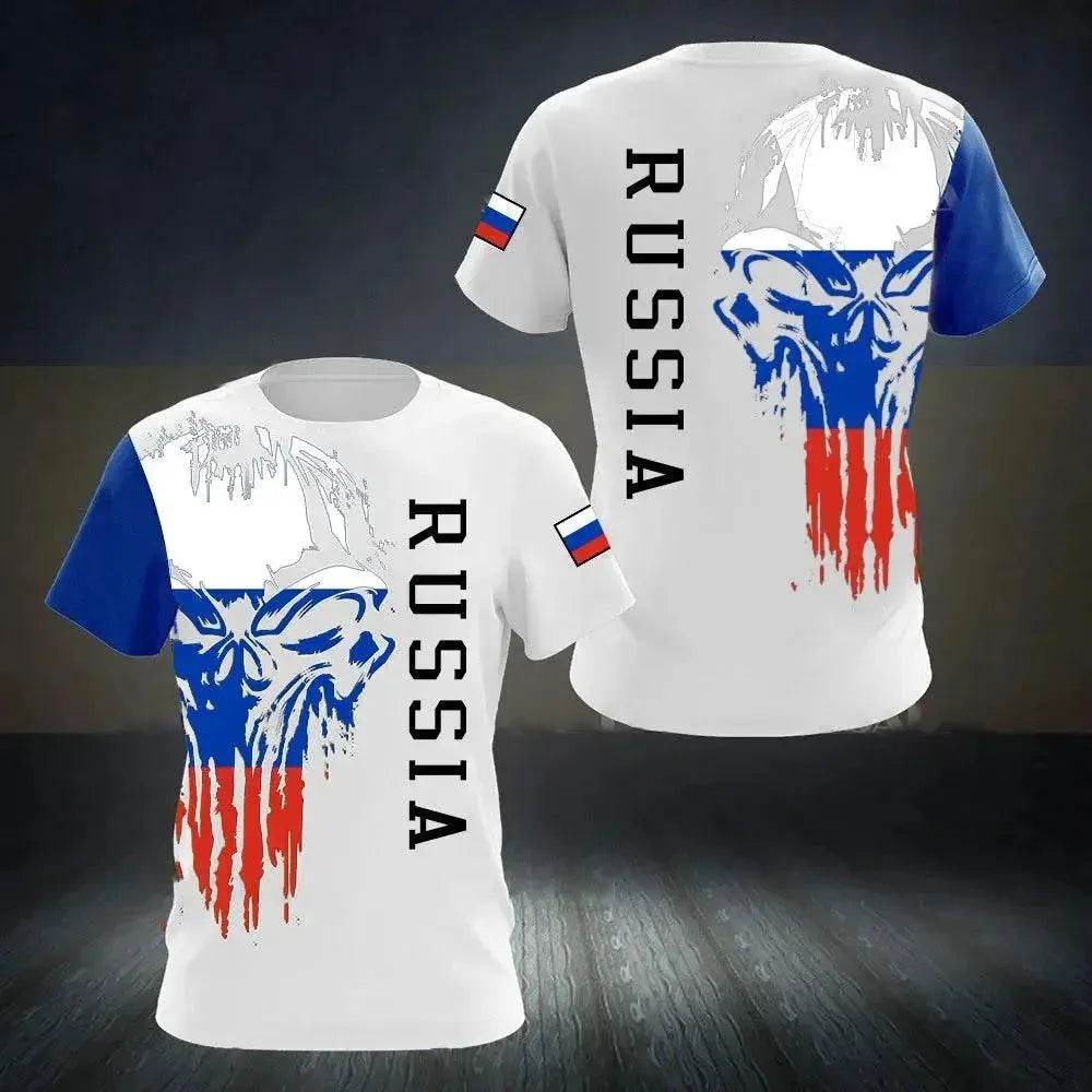 Men's Casual Loose Round Neck T-Shirts with Russian Flag - Oversized Streetwear - SPINGHAR