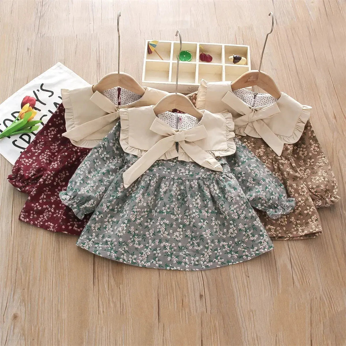 Fall Winter New Girls' Dress Lapel Floral Full Camp Bow Ribbon Lace Pleated Puffy Sleeves Sweet Girls' Dress - SPINGHAR