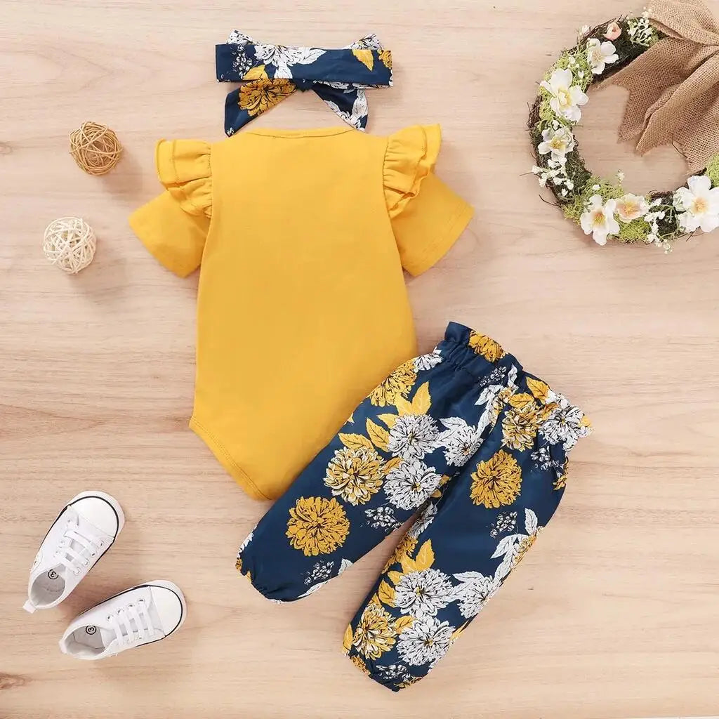 Newborn Baby Girls Clothing Set Short Sleeve Bodysuit +Floral Pants with Bow + Headband 3PCS Outfits Toddler Baby Girl Clothing SPINGHAR