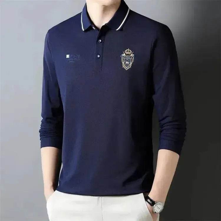 New Men's Long Sleeve Cotton Polo Shirt - Fashion Embroidered Casual Top - SPINGHAR