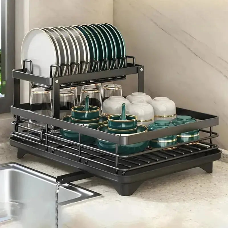 Dish Drying Rack Adjustable Kitchen Plates Organizer with Drainboard Over Sink Countertop Cutlery Storage Holde - SPINGHAR