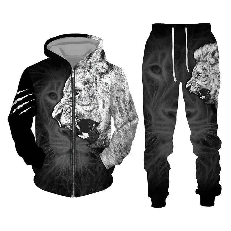 Men's 3D Lion Print Tracksuit Set | Autumn & Winter Zipper Hoodie & Pants - SPINGHAR