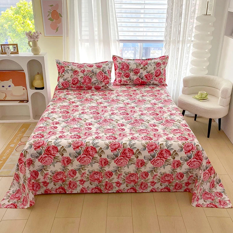 Red Flower Printed Flat Bed Sheets for Double Bed Single/Queen/King Reactive Printed Top Sheets for Beds sabanas cama 150x200 SPINGHAR