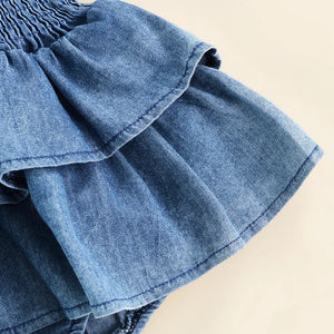 Baby Summer Clothes Girl Denim Romper Sleeveless Suspender Pleated Design Ruffle Hem Bottom Snap Button Cute Jumpsuit SPINGHAR