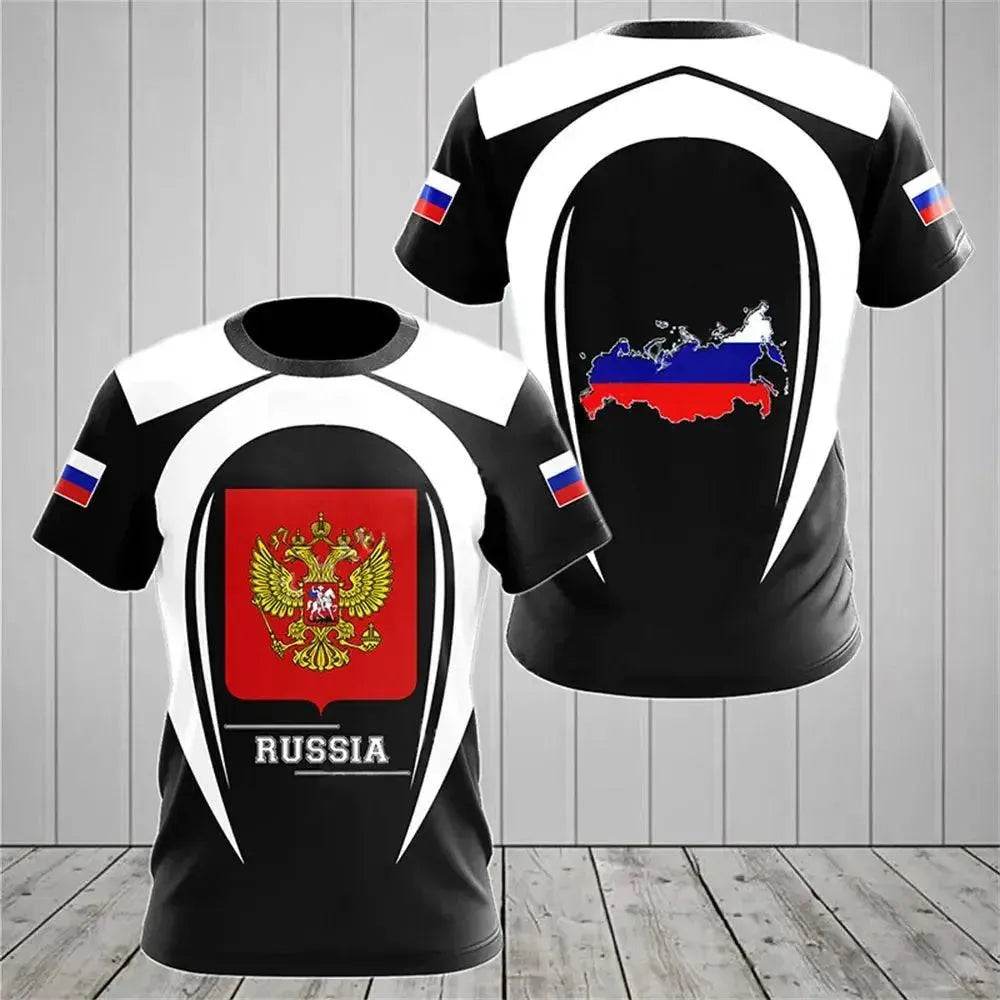 Men's Casual Loose Round Neck T-Shirts with Russian Flag - Oversized Streetwear - SPINGHAR