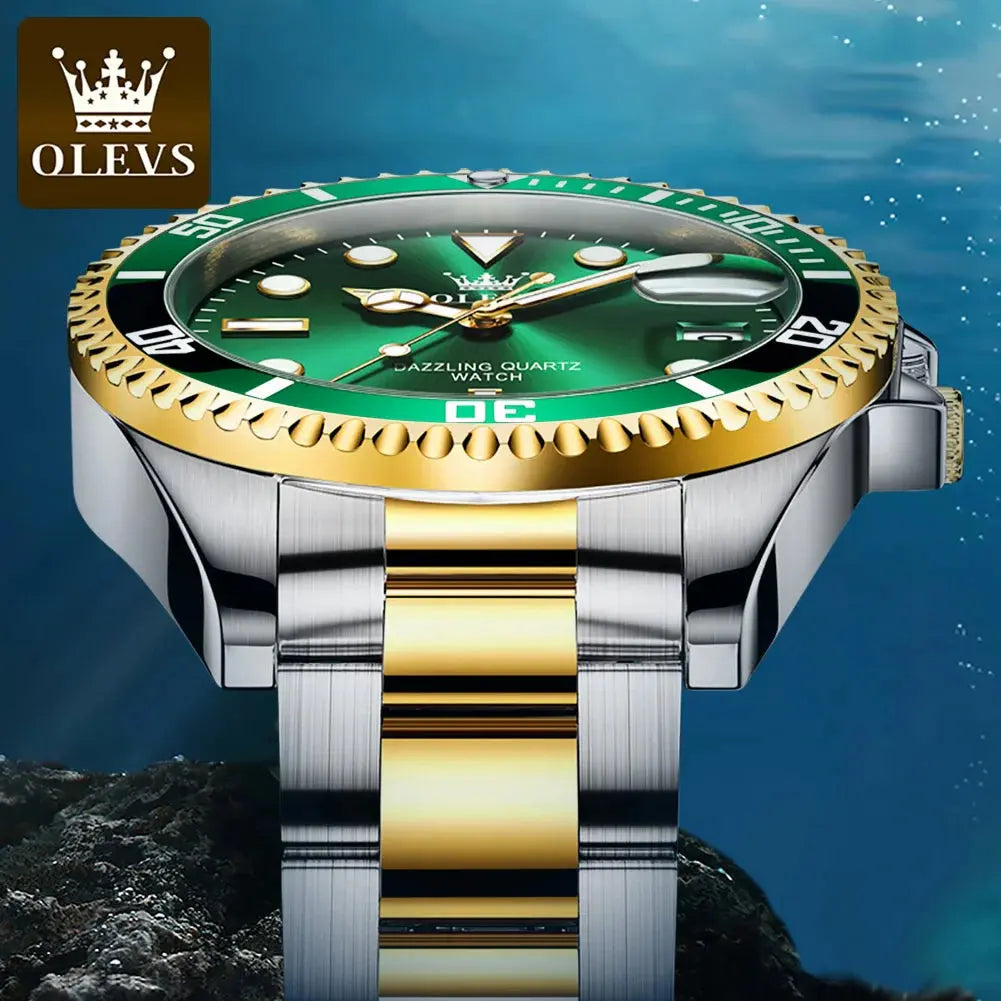 OLEVS Top Original Men Quartz Watch Green Waterproof Watch for Men Stainless Steel Quartz Men Luxury Watch Luminous Wristwatch - SPINGHAR