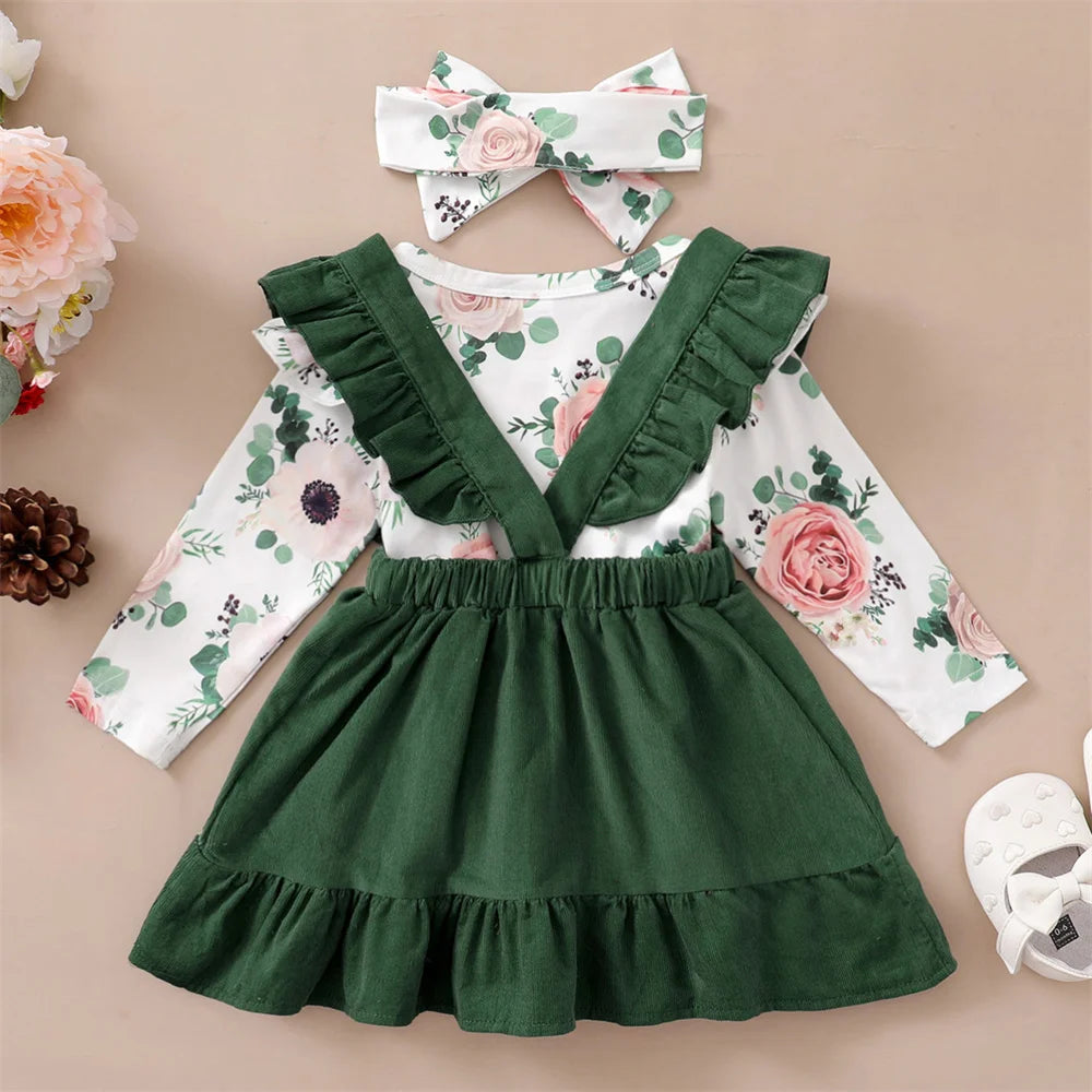 0-12Months Newborn Baby Girl 3PCS Clothes Set Floral Long Sleeve Top+Suspender Skirt+Headwear Fashion Spring&Autumn Daily Outfit SPINGHAR