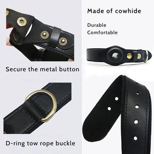 Genuine Leather Airtag Dog Collar Heavy Duty Dog Collar with For Airtag Holder Case Pet GPS Location Tracker AirTag Accessories SPINGHAR