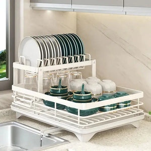 Dish Drying Rack Adjustable Kitchen Plates Organizer with Drainboard Over Sink Countertop Cutlery Storage Holde - SPINGHAR