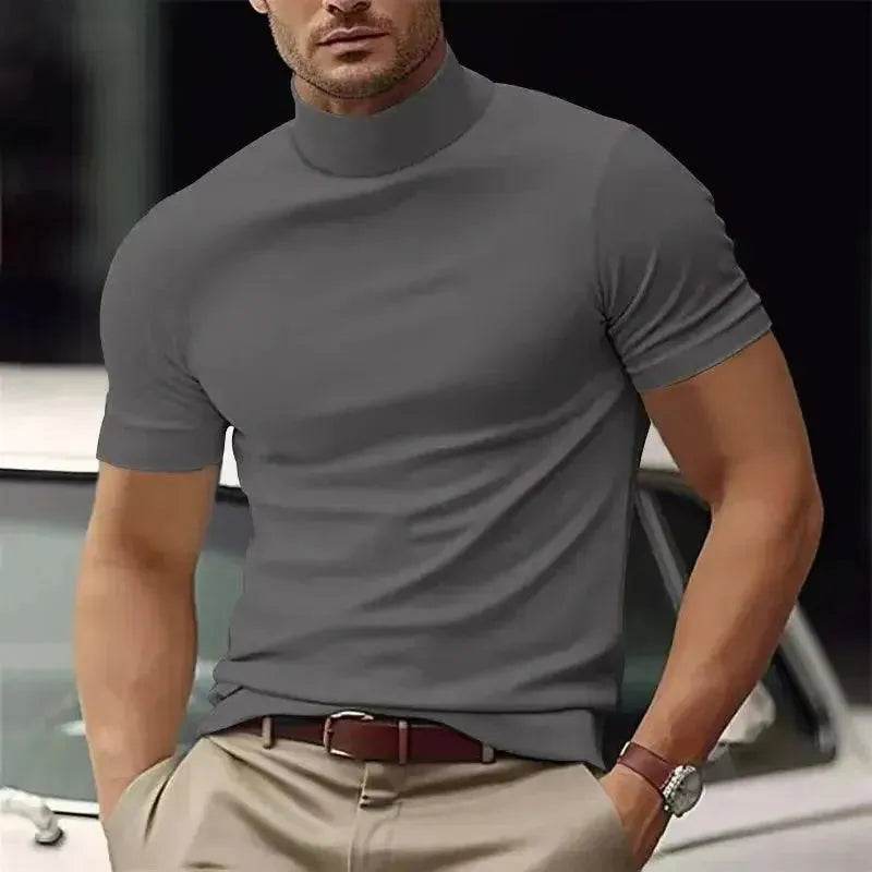 Summer Men's Casual Semi-High Neck T-Shirt - Slim Fit Solid Color - SPINGHAR