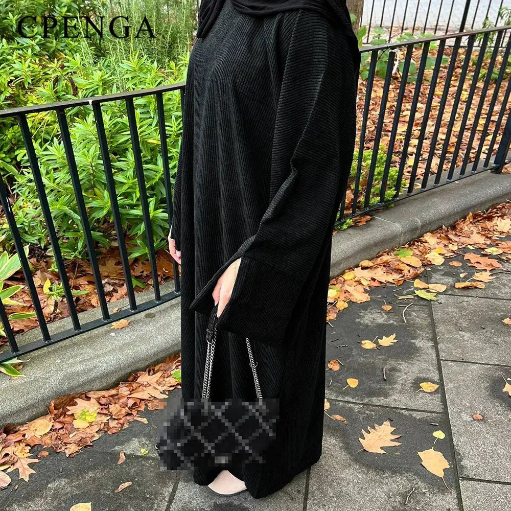 Warm Winter Abayas Muslim Women Corduroy Abaya 2023 New Modest Dress Thicked Solid Color Long Robe Female Islam Clothing - SPINGHAR