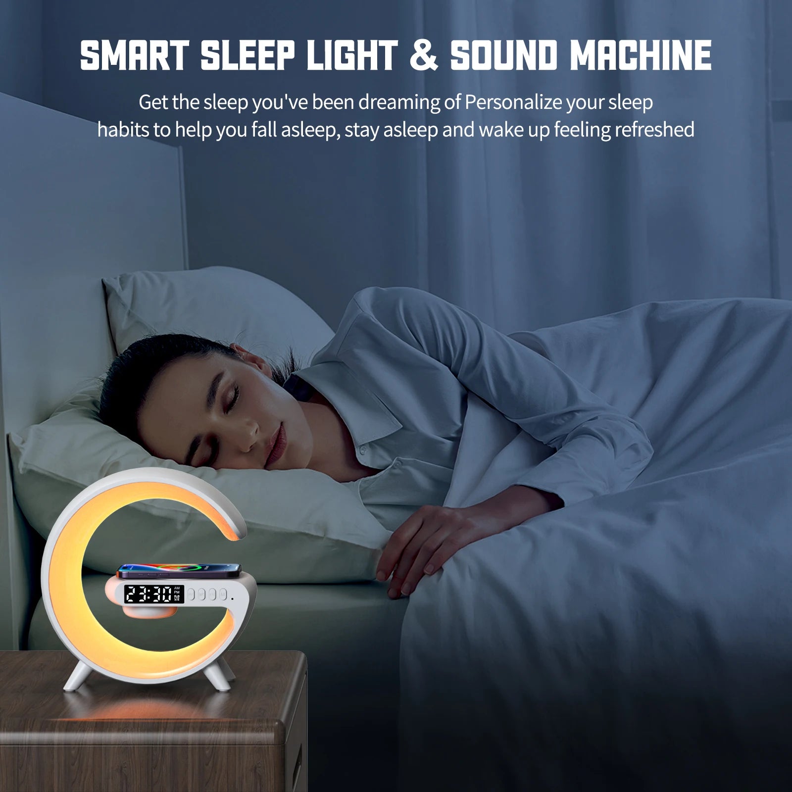 LED Smart Wake Up Light RGB Night Light with Wireless Speaker 15W Wireless Rechargeable Desk Lamp for Bedroom Bedside Game Room SPINGHAR