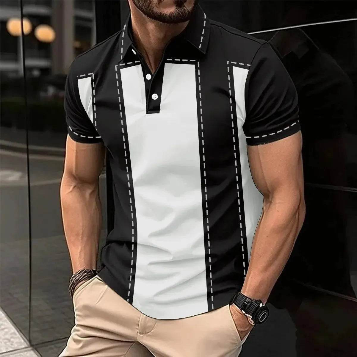 New Summer Men's Short Sleeve Polo Shirt - Splice Stripe Fashion Top - SPINGHAR