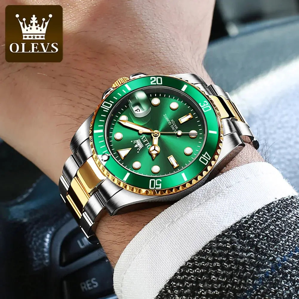 OLEVS Top Original Men Quartz Watch Green Waterproof Watch for Men Stainless Steel Quartz Men Luxury Watch Luminous Wristwatch - SPINGHAR