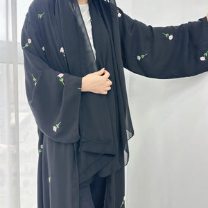 2024 Black Embroidered Kimono Abaya - SPINGHAR