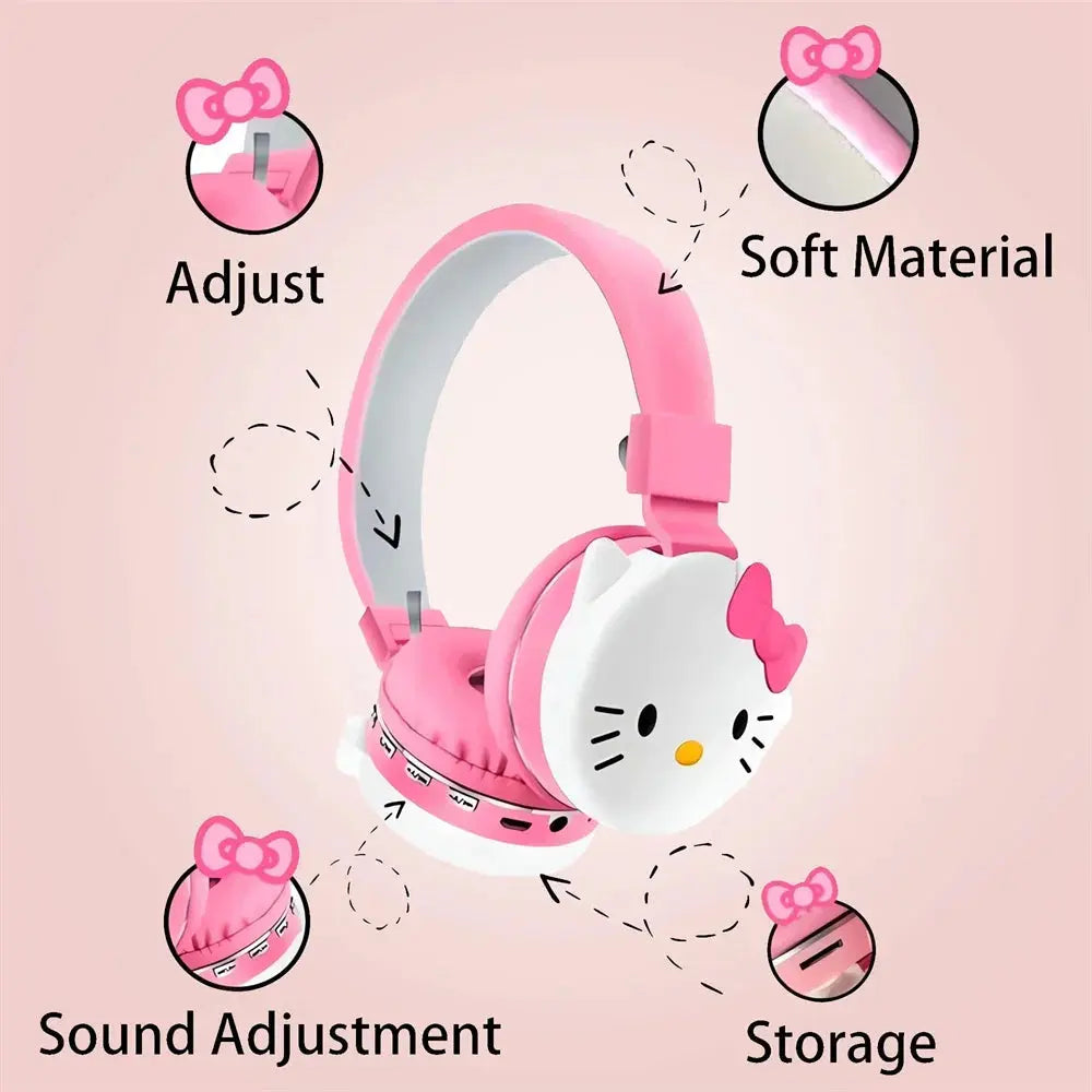 Sanrio Bluetooth Headphone Hello Kitty Wireless Headsets Cartoon Mic Foldable Lightweight Earphone for Phones Laptop Gift Pink - SPINGHAR