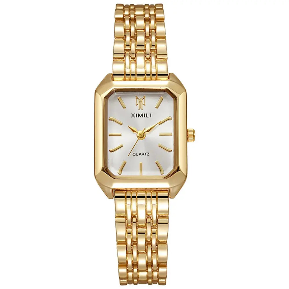 Luxury Ladies Fashion Quartz Watch Simple Scale Square Quality Gold Plated Women Watches Business Stainless Steel Folding Clock - SPINGHAR