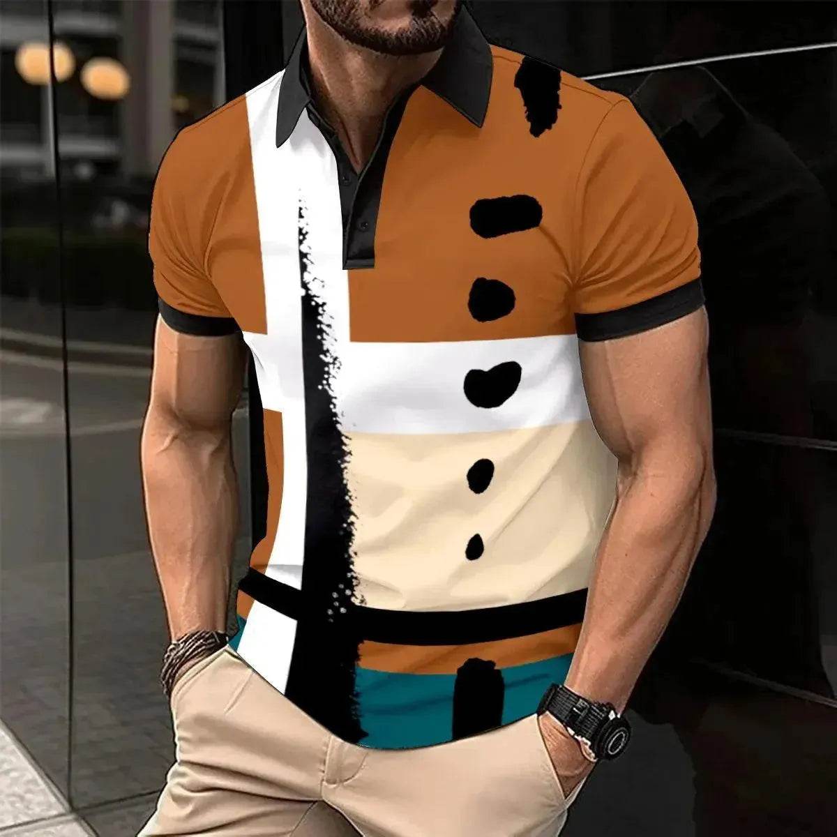 New Summer Men's Short Sleeve Polo Shirt - Splice Stripe Fashion Top - SPINGHAR