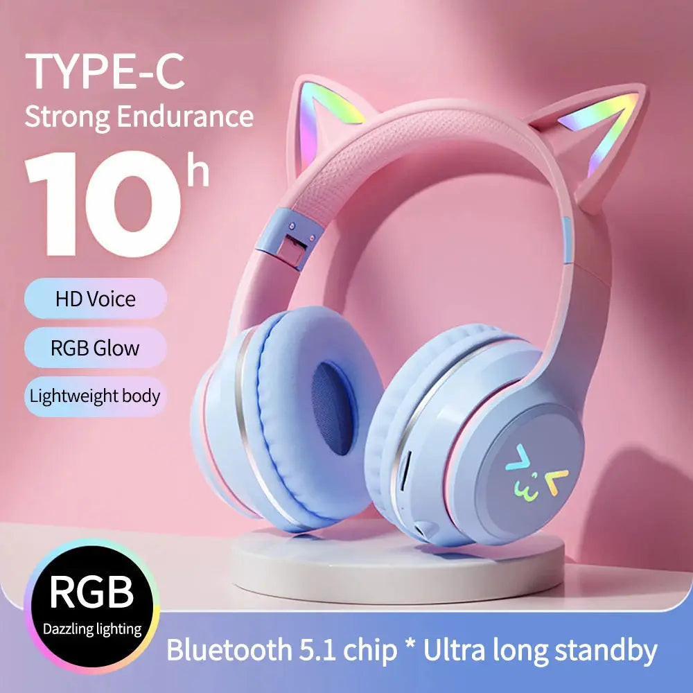 Gradient wireless Headphones RGB cute cat ear Bluetooth Earphones with microphone Stereo Music Game Earphone Girls Kids Gifts - SPINGHAR