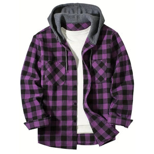 Men's Shirts Classic Plaid Casual Button Down Hooded Long Sleeved Double Pockets Shirt Hoodie Flannel Jacket Spring Autumn Tops SPINGHAR