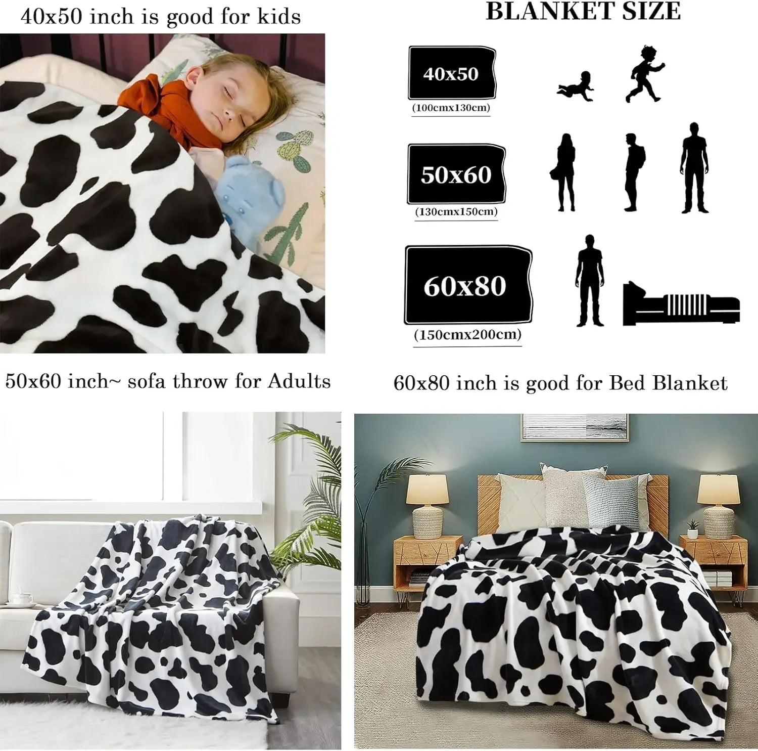 Cow Print Fleece Blanket - Soft Flannel Throw for Couch & Bed - Perfect Gift for Women, Girls, and Kids SPINGHAR