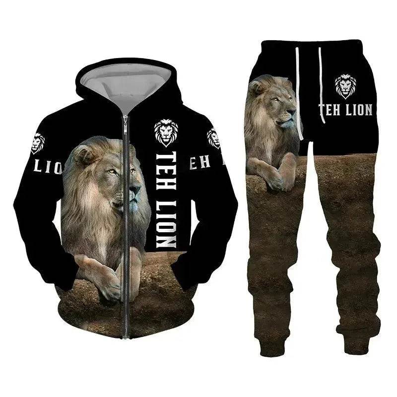 Men's 3D Lion Print Tracksuit Set | Autumn & Winter Zipper Hoodie & Pants - SPINGHAR