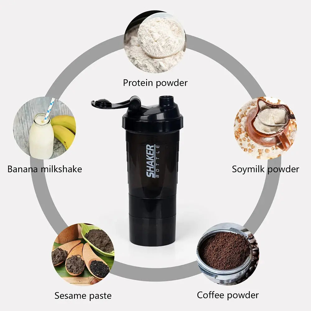 3 Layers Shaker Protein Bottle Powder Shake Cup Water Bottle Plastic Mixing Cup Body Building Exercise Bottle - SPINGHAR