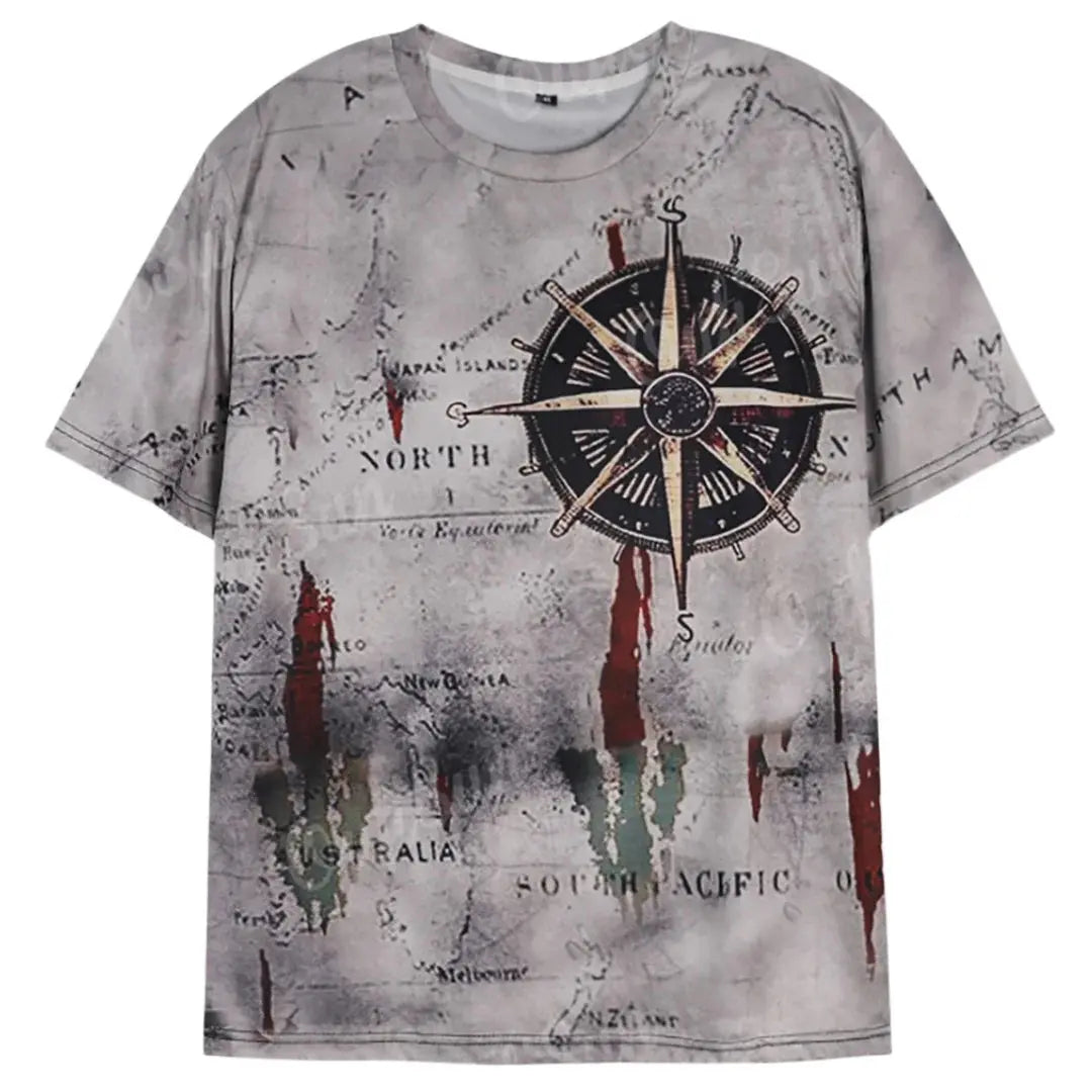 Men's Vintage Nautical Map Compass Print T-Shirt | Casual Loose Fit Short Sleeve Tee for Summer - SPINGHAR