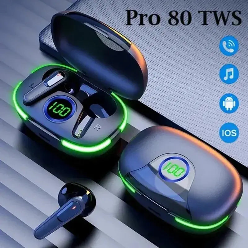 TWS Pro80 Fone Bluetooth 5.3 Earphones Wireless Headphones HiFi Stereo Headset with Mic LED Display Sports Earbuds for Phone - SPINGHAR