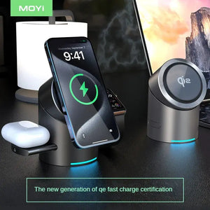 MOYI Qi2 3-in-1 Wireless Charger Magsafe Magnetic Fast Charge Watch Stand Earphone Charging Base for IPhone16 15 Watch/Airpods - SPINGHAR