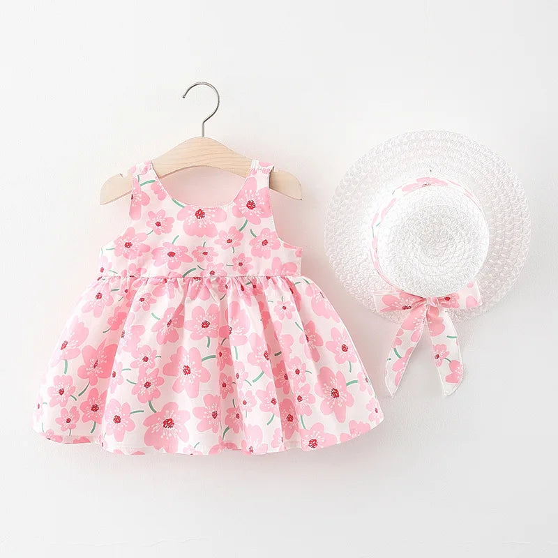 Summer New Floral Sling Baby Girl Dress, Bow Children'S Sleeveless Clothes With Hats As A Gift (9 Months -3 Years Old) SPINGHAR