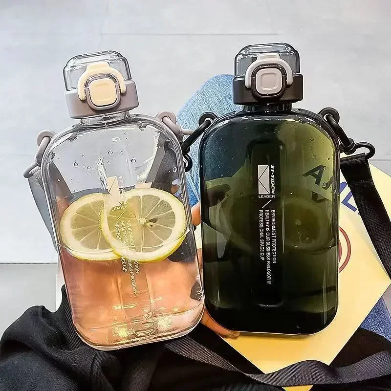 Flat Square Transparent Water Bottle, Portable Travel Canteen with Adjustable Strap, Elegant Slim Bottle for Sport Camping SPINGHAR