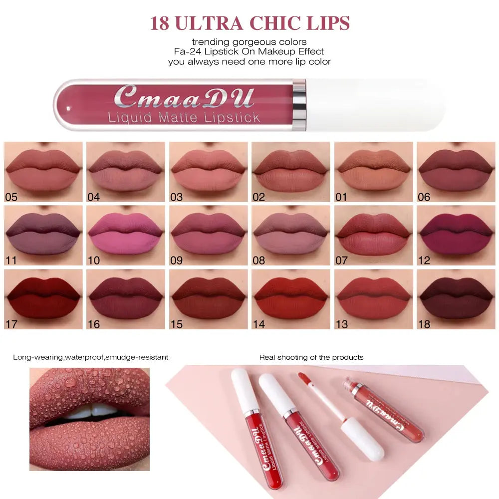 CmaaDu 18 Matte Mist Lip Glaze - Long-Lasting Waterproof Lip Gloss - SPINGHAR