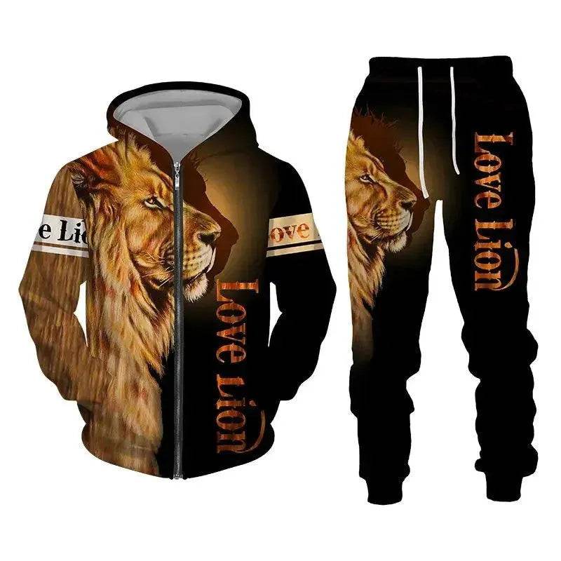 Men's 3D Lion Print Tracksuit Set | Autumn & Winter Zipper Hoodie & Pants - SPINGHAR